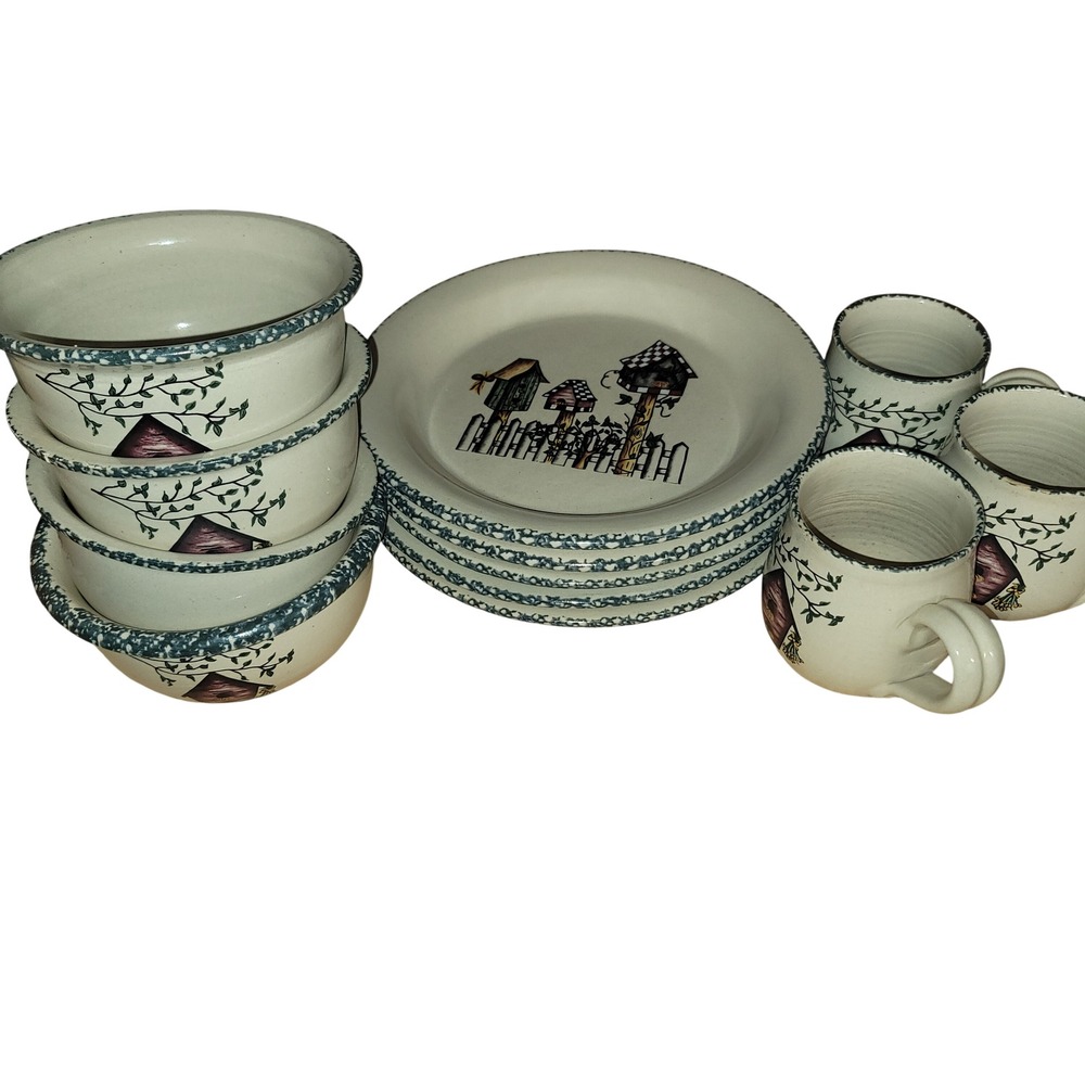 Casey Pottery Birdhouse Stoneware Set 12pc Plates Bowls Mugs Marshall Texas 1997